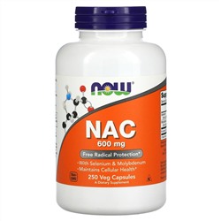 NOW Foods, NAC (N-ацетилцистеин), 600 мг, 250 вегетарианских капсул