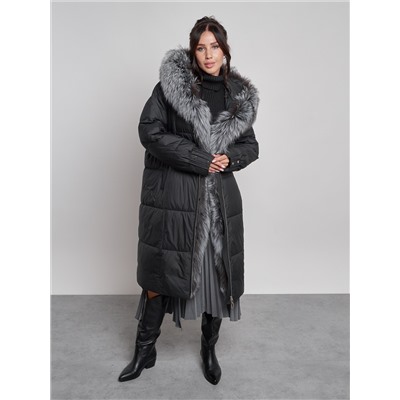 Пальто утепленное с чернобуркой зимнее женское черного цвета 133156Ch