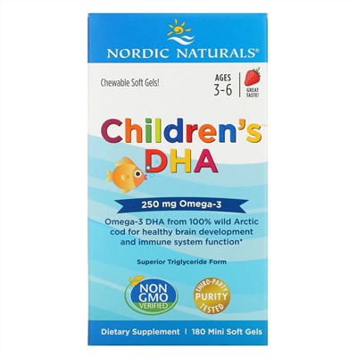 Nordic Naturals, Children's DHA, ДГК для детей, со вкусом клубники, для детей 3–6 лет, 250 мг, 180 мини-капсул