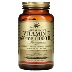 Solgar, натуральный витамин E, 670 мг (1000 МЕ), 100 вегетарианских мягких таблеток