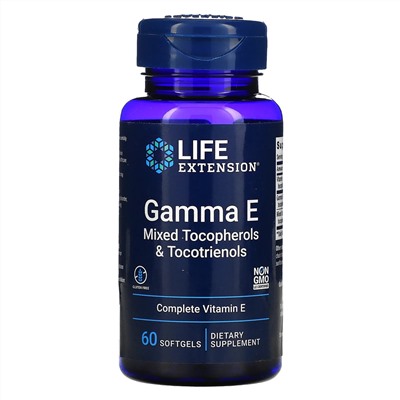 Life Extension, Gamma E, смесь токоферолов и токотриенолов, 60 мягких таблеток