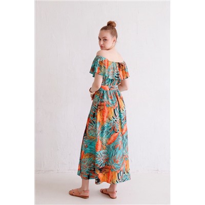 12331 Платье-кармен с тропическим принтом бирюзовое