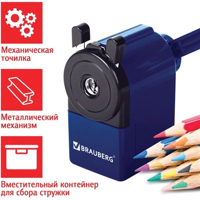 Точилка механическая BRAUBERG JET, металлический механизм, синяя