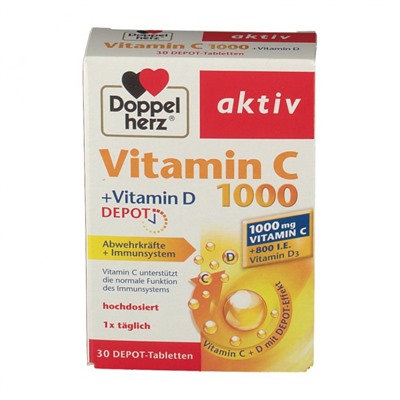 Doppelherz aktiv Vitamin C 1000 + Vitamin D Depot, Доппельхерц Витамин С 1000+Витамин Д3 800ед, 30шт