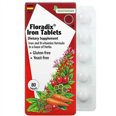 Gaia Herbs, Floradix, железо в таблетках, 80 таблеток