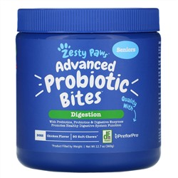 Zesty Paws, Advanced Probiotic Bites для собак, пищеварение, пожилые люди, куриный вкус, 90 мягких жевательных кусочков, 12,7 унций (360 г)