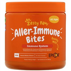Zesty Paws, Aller-Immune Bites, добавка для собак, с ароматизатором «Арахисовая паста», 90 мягких жевательных таблеток