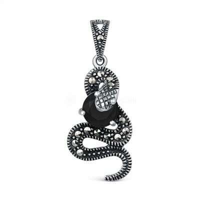 Кольцо змея из чернёного серебра с плавленым кварцем цвета чёрный и марказитами GAR3130ч
