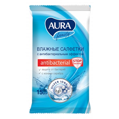 Влажные салфетки антибактериальные Aura (Аура) для всей семьи, 15 шт
