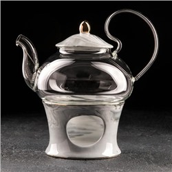 Чайник стеклянный заварочный с керамической крышкой и подставкой для подогрева «Элегия», 600 мл, мрамор серый