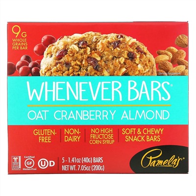 Pamela's Products, Wheever Bars, овсяные батончики с клюквой и миндалем, 5 батончиков по 40 г (1,41 унции)