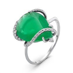 Кольцо из серебра с пл.кварцем цв.зелёный агат и куб.циркония родированное