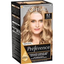 Краска для волос L'Oreal Preference, тон 8.3 Канны, Золотой Светло-Русый