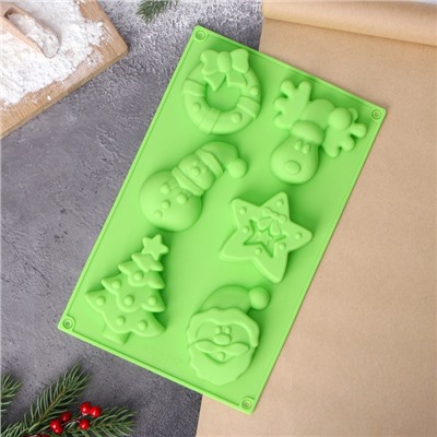 Форма для выпечки Доляна «Новый год», силикон, 27×17×2 см, 6 ячеек, цвет зелёный
