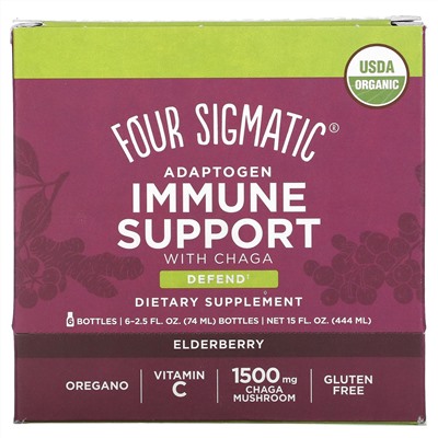 Four Sigmatic, Adaptogen Immune Support с чагой, бузиной, 6 флаконов по 74 мл (2,5 жидк. Унции)