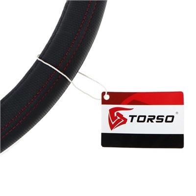 Оплетка на руль TORSO, кожа PU, перфорация, размер 38 см, красная строчка, черный