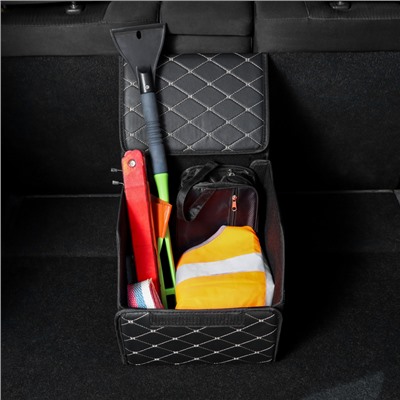 Органайзер саквояж в багажник автомобиля, 32×32×30 см, экокожа, черный с белой обшивкой