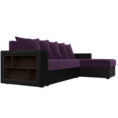Угловой диван «Дубай лайт», еврокнижка, угол правый, велюр фиолетовый / экокожа чёрный