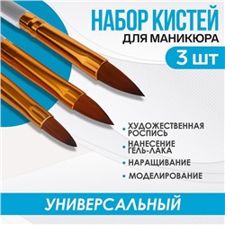 Набор кистей для наращивания и дизайна ногтей, лепесток, 3 шт, 17 см, цвет прозрачный/золотой