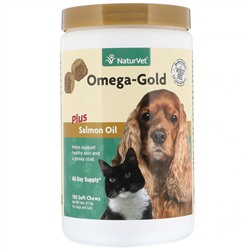 NaturVet, Omega-Gold с жиром лосося, добавка для собак и котов, улучшение состояния кожи и шерсти, 180 мягких жевательных таблеток
