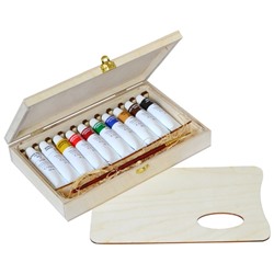 Краски масляные Гамма "Студия", 10 цветов, туба 18мл, с кистью, в деревянном коробе 100620202   1069