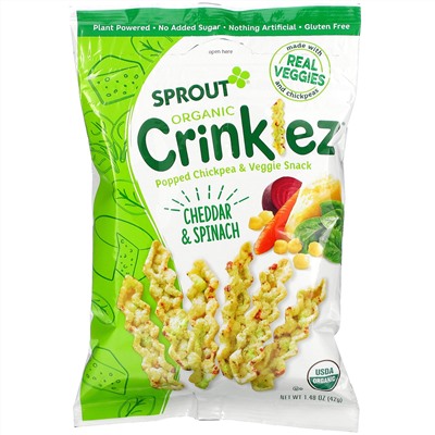 Sprout Organic, Crinklez, снек из нута и овощей, для малышей от 12 месяцев, чеддер и шпинат, 42 г (1,48 унции)