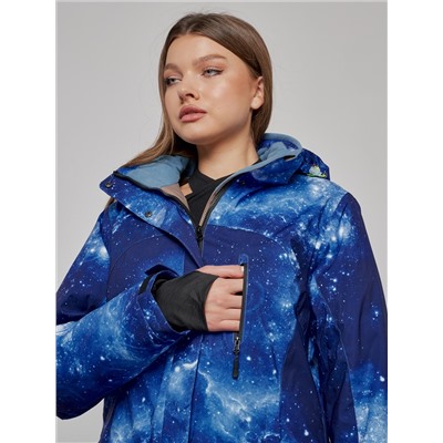 Горнолыжная куртка женская зимняя большого размера темно-синего цвета 3517TS