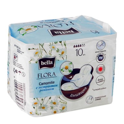 Прокладки женские гигиенические bella FLORA Camomile с экстрактом ромашки по 10 шт.