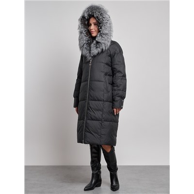Пальто утепленное с чернобуркой зимнее женское черного цвета 133156Ch