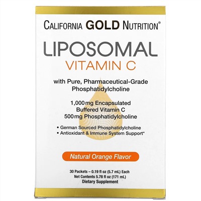California Gold Nutrition, липосомальный витамин C, со вкусом натурального апельсина, 1000 мг, 30 пакетиков по 5,7 мл (0,2 унции) каждый
