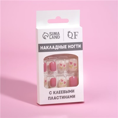 Накладные ногти «Flourish», 12 шт, с клеевыми пластинами, форма мягкий квадрат, цвет розовый/белый