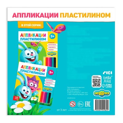 Аппликации пластилином «Крош и Ёжик», книга 12 стр., 6 цветов пластилина, Смешарики