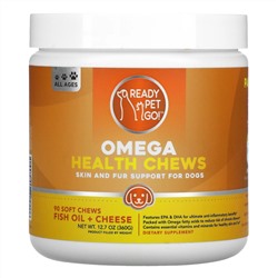 Ready Pet Go, Omega Health Chews, поддержка кожи и шерсти для собак всех возрастов, рыбий жир + сыр, 90 мягких жевательных таблеток