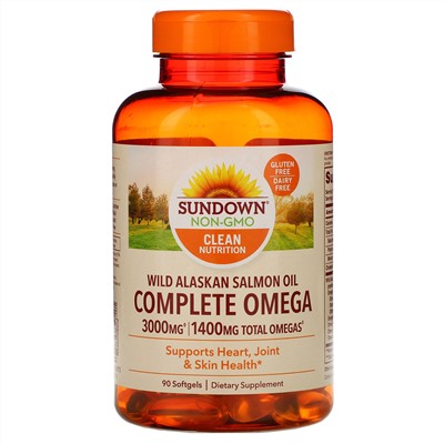 Sundown Naturals, Complete Omega, жир дикого аляскинского лосося, 1400 мг, 90 мягких таблеток