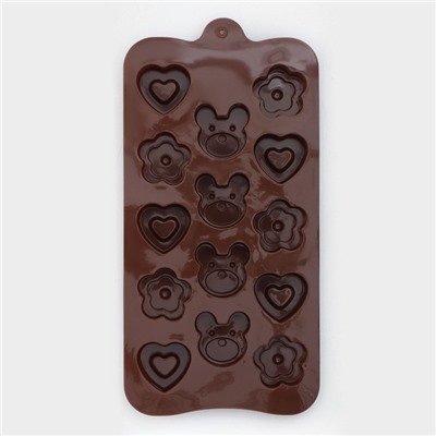 Форма для конфет и шоколада Доляна «Мишка, цветок, сердце», силикон, 19,7×10,5×1,5 см, 14 ячеек, цвет коричневый