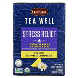 Celestial Seasonings, Stress Relief, лимонная вербена и мелисса, органическая лимонная ромашка, без кофеина, 12 чайных пакетиков по 1,2 г (0,06 унции)