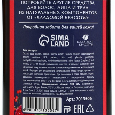 Гель для душа с экстрактом лесной малины, мягкость и наслаждение, 500 мл, КЛАДОВАЯ КРАСОТЫ