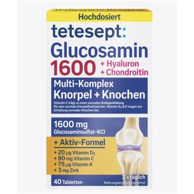 tetesept Glucosamin 1600 Tabletten 40 St, tetesept тетесепт Глюкозамин 1600 c гиалуроновой кислотой, цинком, медью и витаминами C, D3 и K1, 40 штук