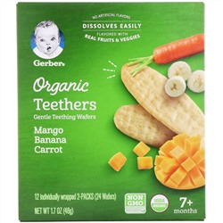 Gerber, органические прорезыватели, вафли для мягкого прорезывания зубов, от 7 месяцев, манго, банан, морковь, 12 пакетиков по 2 вафли в каждом