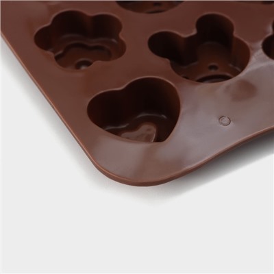 Форма для конфет и шоколада Доляна «Мишка, цветок, сердце», силикон, 19,7×10,5×1,5 см, 14 ячеек, цвет коричневый