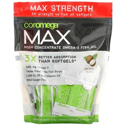 Coromega, Max High Concentrate Omega-3 Fish Oil, Coconut Bliss, 90 выжимок, 2,5 г каждый