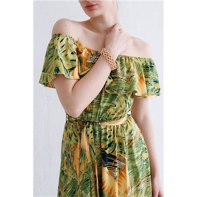 12330 Платье-кармен с тропическим принтом зелёное