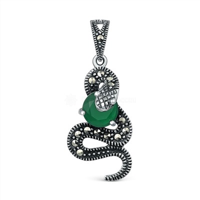 Кольцо змея из чернёного серебра с плавленым кварцем цвета зелёный и марказитами GAR3130з