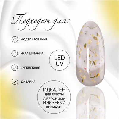 Гель для наращивания, с сухоцветами, 3-х фазный, 9 гр, LED/UV, цвет прозрачный/жёлтый