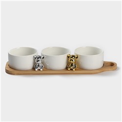Набор соусников керамических на деревянной подставке «Стильный Мишка», 4 предмета: 3 соусника 120 мл, подставка