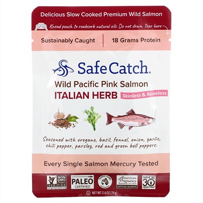 Safe Catch, Дикий тихоокеанский горбуша, итальянские травы, 74 г (2,6 унции)