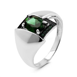 Кольцо из серебра с пл.зелёным кварцем и фианитами родированное