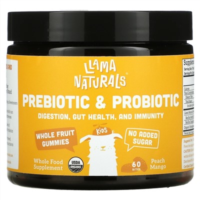 Llama Naturals, Жевательные мармеладки из цельных фруктов с пребиотиками и пробиотиками, персик и манго, 60 укусов
