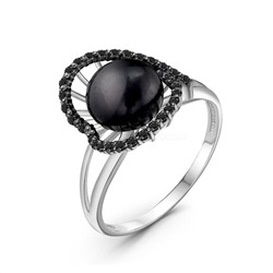 Кольцо женское из серебра с культ.чёрным жемчугом и чёрной шпинелью родированное 04-701-0024