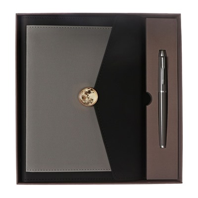 Органайзер на кольцах А5, 80 листов, кожзам, c клапаном, линия, с ручкой, в подарочной коробке, черно-серый